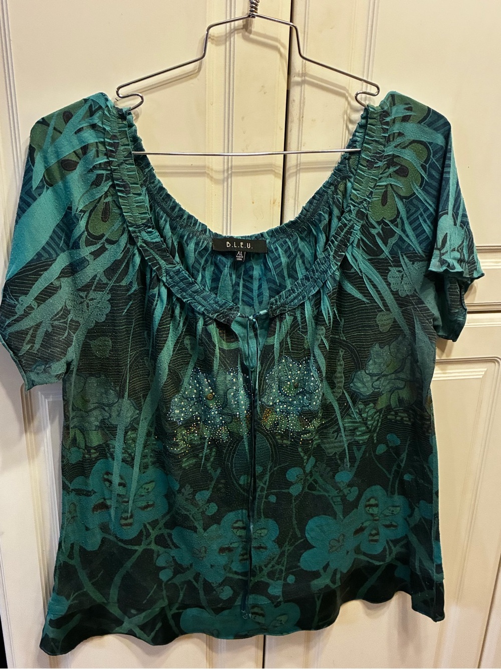 B.L.E.U. teal & black floral print blouse, size XL